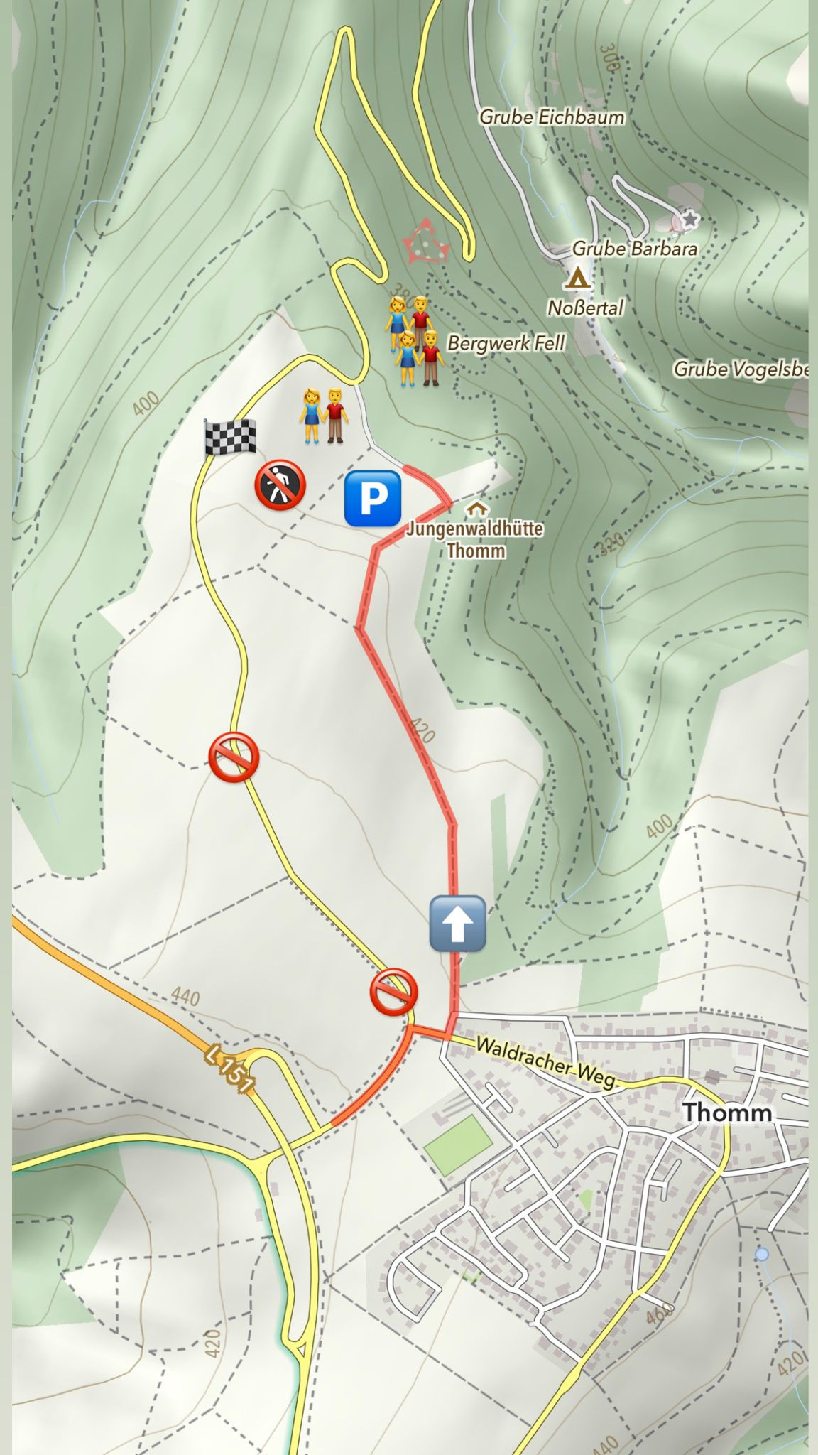 Karte Zufahrt zum Parkplatz und Zuschauerbereich über Thomm und Jungenwaldhütte